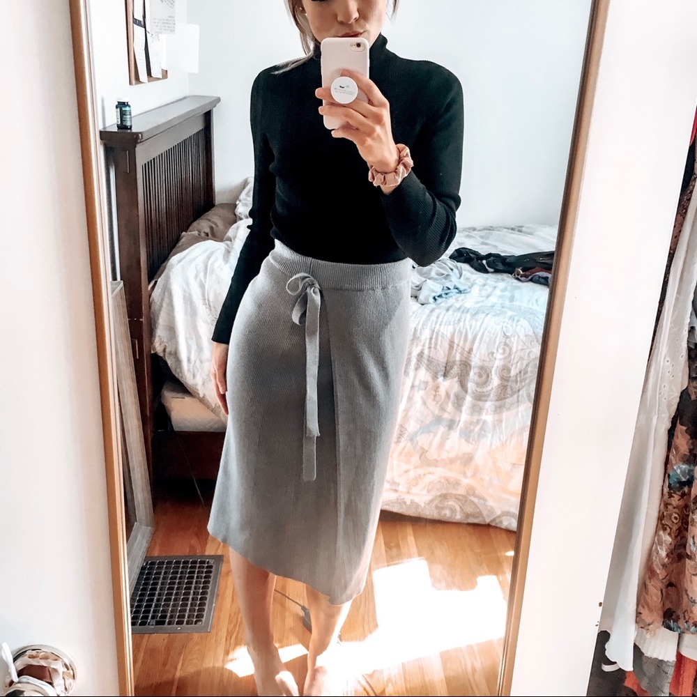 LIN33SUNNY grey knit sweater midi skirt bow waist